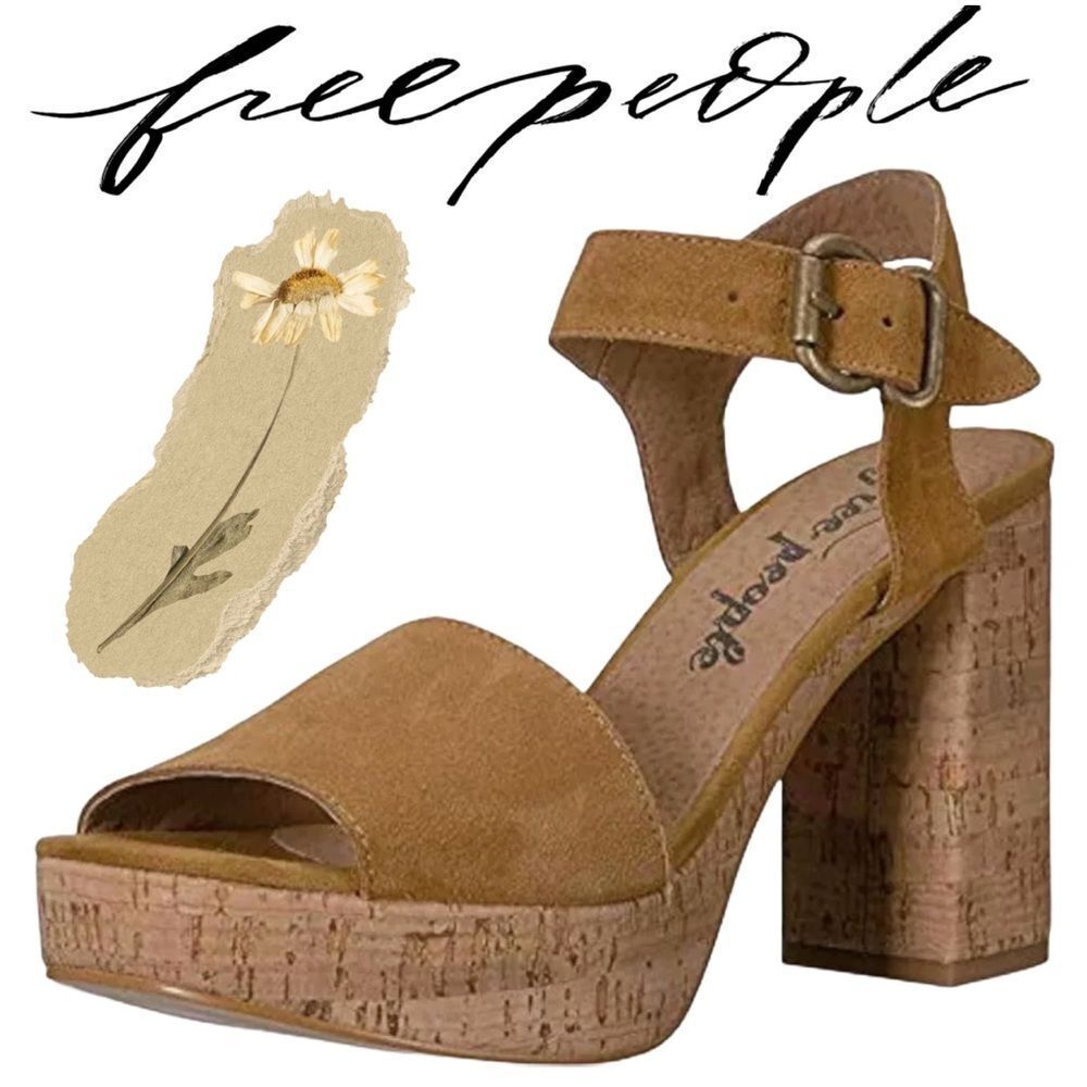 Free People Sandals womens 8.5 BOHO Tan Brooke Platform Suede Strap Block Sandal